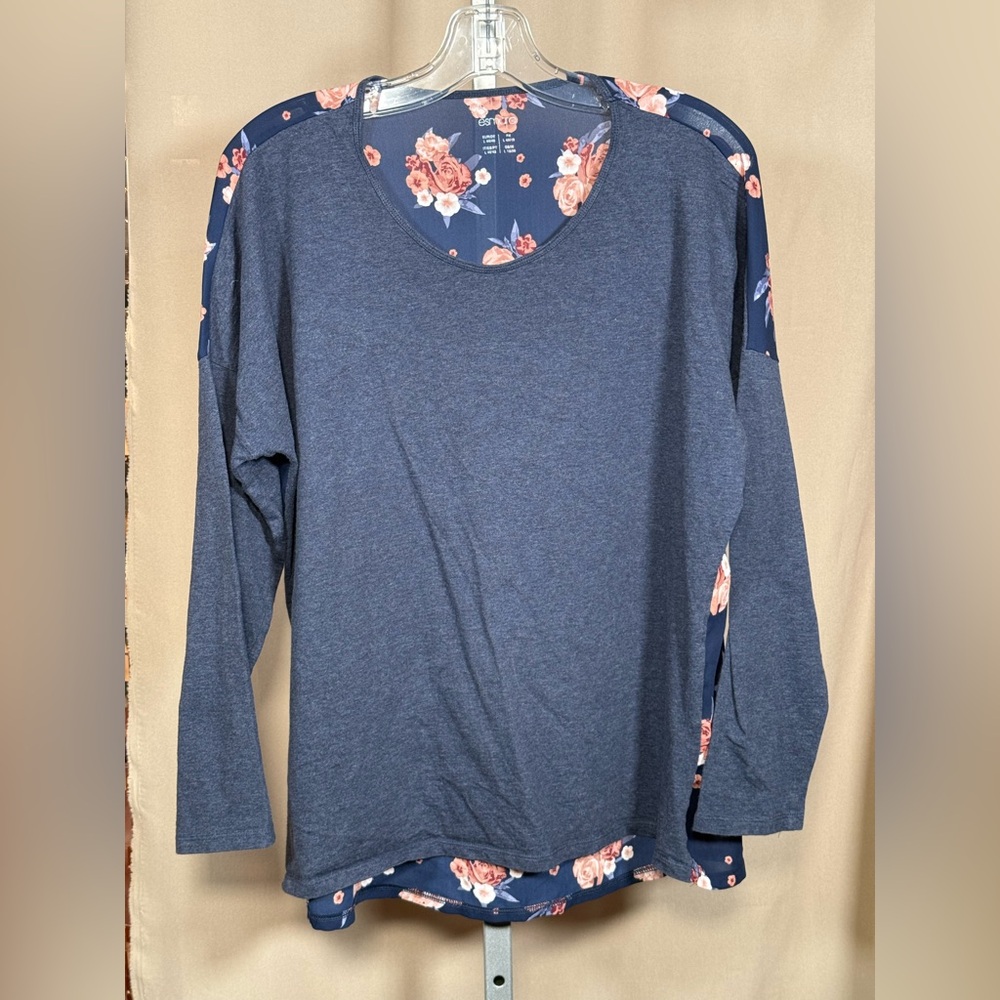 Esmara Blue Long Sleeve Floral Sheer Back Detail Size Large P2P 27”